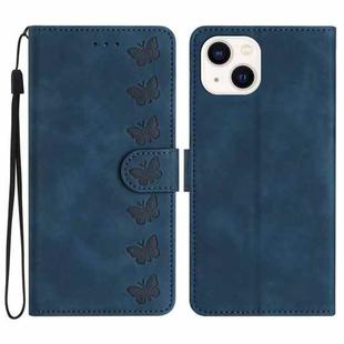 For iPhone 14 Plus Seven Butterflies Embossed Leather Phone Case(Blue)