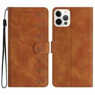 For iPhone 14 Pro Seven Butterflies Embossed Leather Phone Case(Brown)