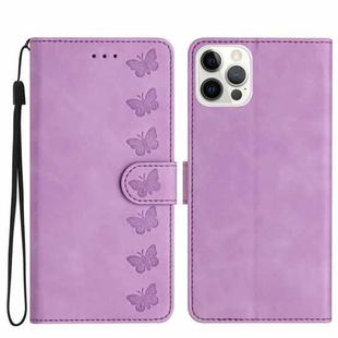 For iPhone 14 Pro Max Seven Butterflies Embossed Leather Phone Case(Purple)