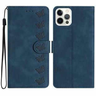 For iPhone 14 Pro Max Seven Butterflies Embossed Leather Phone Case(Blue)