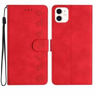 For iPhone 12 Seven Butterflies Embossed Leather Phone Case(Red)
