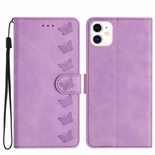 For iPhone 12 Seven Butterflies Embossed Leather Phone Case(Purple)