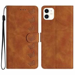 For iPhone 12 mini Seven Butterflies Embossed Leather Phone Case(Brown)