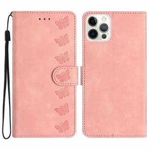 For iPhone 12 Pro Seven Butterflies Embossed Leather Phone Case(Pink)