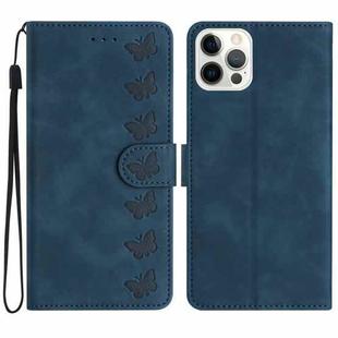 For iPhone 15 Pro Seven Butterflies Embossed Leather Phone Case(Blue)