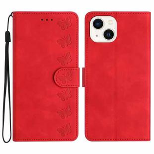 For iPhone 15 Plus Seven Butterflies Embossed Leather Phone Case(Red)