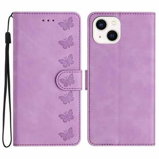 For iPhone 15 Plus Seven Butterflies Embossed Leather Phone Case(Purple)