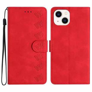 For iPhone 15 Seven Butterflies Embossed Leather Phone Case(Red)