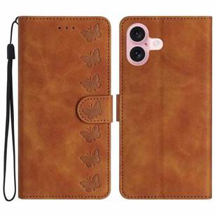 For iPhone 16 Seven Butterflies Embossed Leather Phone Case(Brown)