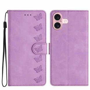 For iPhone 16 Seven Butterflies Embossed Leather Phone Case(Purple)