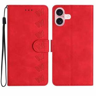 For iPhone 16 Plus Seven Butterflies Embossed Leather Phone Case(Red)