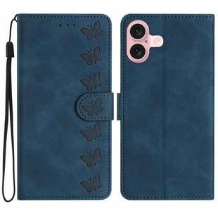 For iPhone 16 Plus Seven Butterflies Embossed Leather Phone Case(Blue)