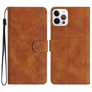 For iPhone 16 Pro Seven Butterflies Embossed Leather Phone Case(Brown)