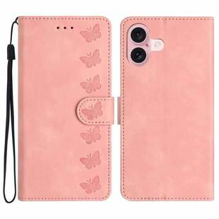 For iPhone 17 Seven Butterflies Embossed Leather Phone Case(Pink)