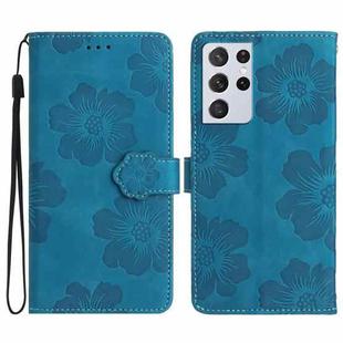 For Samsung Galaxy S21 Ultra 5G Flower Embossing Pattern Leather Phone Case(Blue)