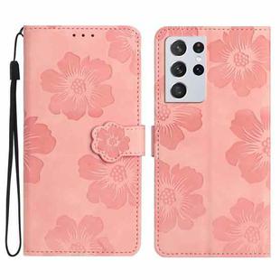 For Samsung Galaxy S21 Ultra 5G Flower Embossing Pattern Leather Phone Case(Pink)