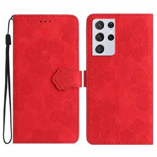 For Samsung Galaxy S21 Ultra 5G Flower Embossing Pattern Leather Phone Case(Red)