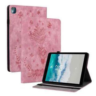 For Nokia T10 Butterfly Rose Embossed Leather Tablet Case(Pink)