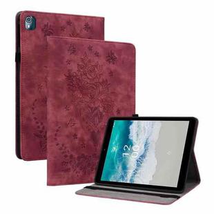 For Nokia T10 Butterfly Rose Embossed Leather Tablet Case(Red)