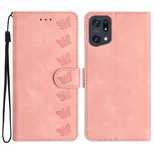 For OPPO Find X5 Pro Seven Butterflies Embossed Leather Phone Case(Pink)
