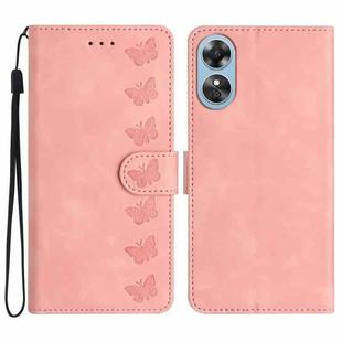 For OPPO A17 Seven Butterflies Embossed Leather Phone Case(Pink)