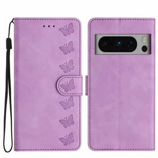 For Google Pixel 8 Pro Seven Butterflies Embossed Leather Phone Case(Purple)
