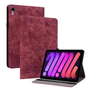 For iPad mini 6 Butterfly Rose Embossed Leather Smart Tablet Case(Red)