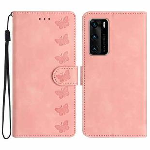For Huawei P40 Seven Butterflies Embossed Leather Phone Case(Pink)