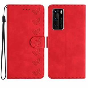 For Huawei P40 Seven Butterflies Embossed Leather Phone Case(Red)