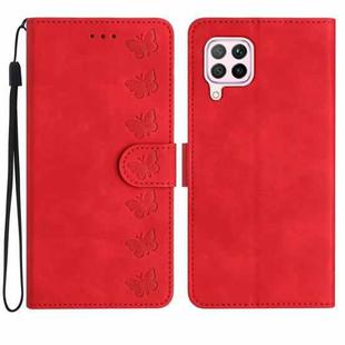 For Huawei P40 Lite Seven Butterflies Embossed Leather Phone Case(Red)