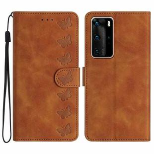 For Huawei P40 Pro Seven Butterflies Embossed Leather Phone Case(Brown)