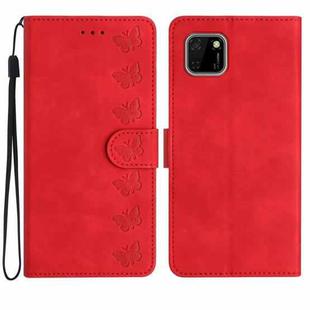 For Huawei Y5p Seven Butterflies Embossed Leather Phone Case(Red)