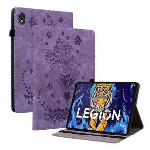 For Lenovo Legion Y700 Butterfly Rose Embossed Leather Tablet Case(Purple)