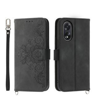 For OPPO A38 4G Skin-feel Flowers Embossed Wallet Leather Phone Case(Black)