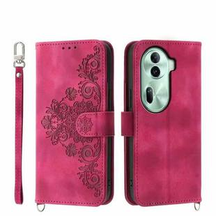 For OPPO Reno11 Skin-feel Flowers Embossed Wallet Leather Phone Case(Wine Red)