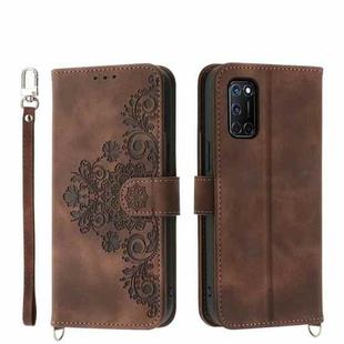 For OPPO A52 Skin-feel Flowers Embossed Wallet Leather Phone Case(Brown)