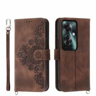 For OPPO Reno11 F Skin Feel Flowers Embossed Wallet Leather Phone Case(Brown)