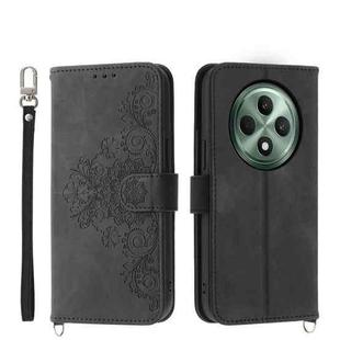 For OPPO Reno12 F 4G / 5G / F27 India Skin Feel Flowers Embossed Wallet Leather Phone Case(Black)