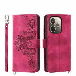 For OPPO A5 PRO 5G Global Skin Feel Flowers Embossed Wallet Leather Phone Case(Wine Red)