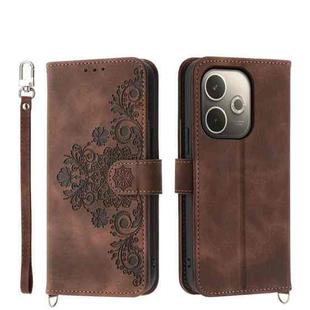 For OPPO A5 PRO 5G Global Skin Feel Flowers Embossed Wallet Leather Phone Case(Brown)