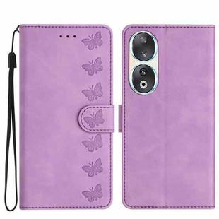 For Honor 90 Seven Butterflies Embossed Leather Phone Case(Purple)