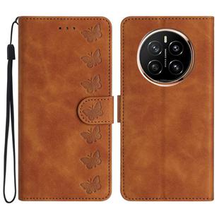 For Honor Magic7 Pro Seven Butterflies Embossed Leather Phone Case(Brown)