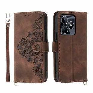 For Realme C53 Skin-feel Flowers Embossed Wallet Leather Phone Case(Brown)