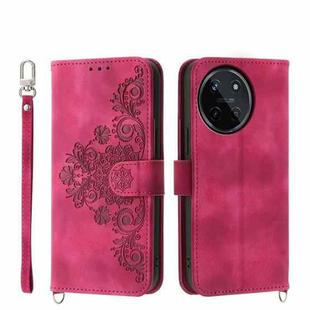 For Realme 11 4G Skin-feel Flowers Embossed Wallet Leather Phone Case(Wine Red)