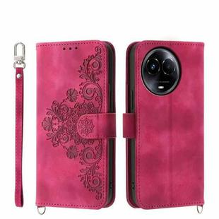 For Realme 11 5G Skin-feel Flowers Embossed Wallet Leather Phone Case(Wine Red)