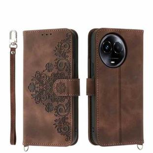 For Realme 11 5G Skin-feel Flowers Embossed Wallet Leather Phone Case(Brown)