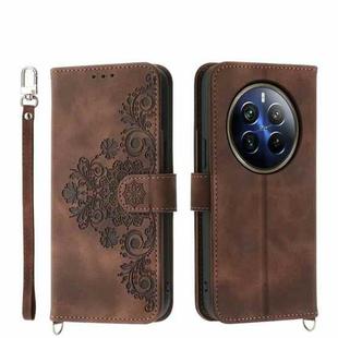 For Realme 12 Pro+ Skin-feel Flowers Embossed Wallet Leather Phone Case(Brown)