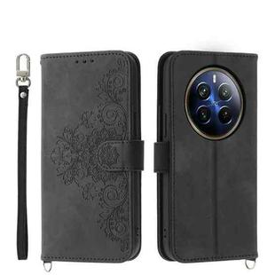 For Realme 12 Pro+ Skin-feel Flowers Embossed Wallet Leather Phone Case(Black)