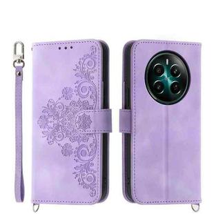 For Realme 12+ Skin-feel Flowers Embossed Wallet Leather Phone Case(Purple)