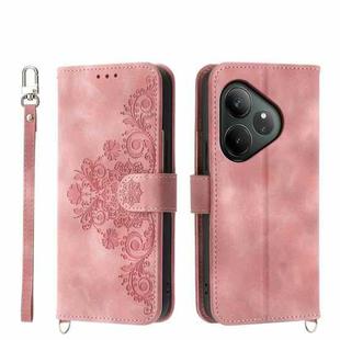 For Realme GT 6 Global Skin-feel Flowers Embossed Wallet Leather Phone Case(Pink)